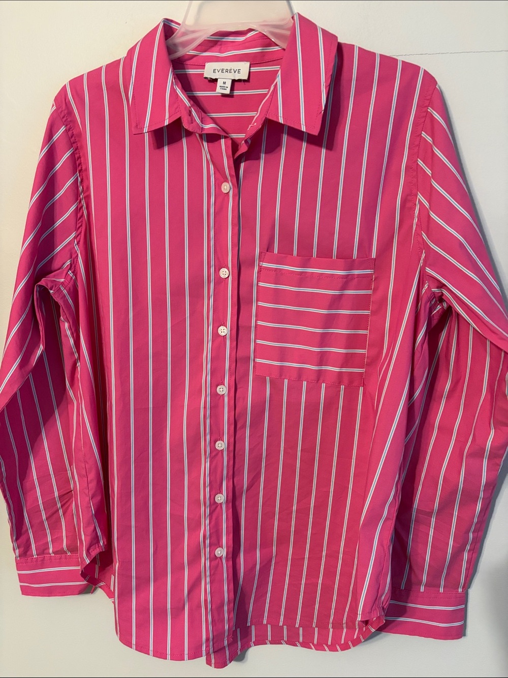 Evereve Hot Pink and White/teal Striped Button-Down Shirt. Med.